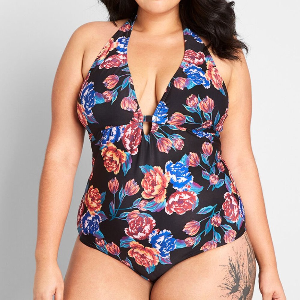NWOT Modcloth Black Floral Swimsuit in 1X